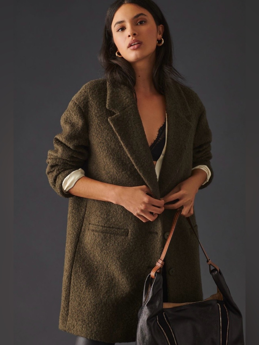 Anthropologie Maeve Oversized Bouclé Coat in Moss Green Medium NWT
